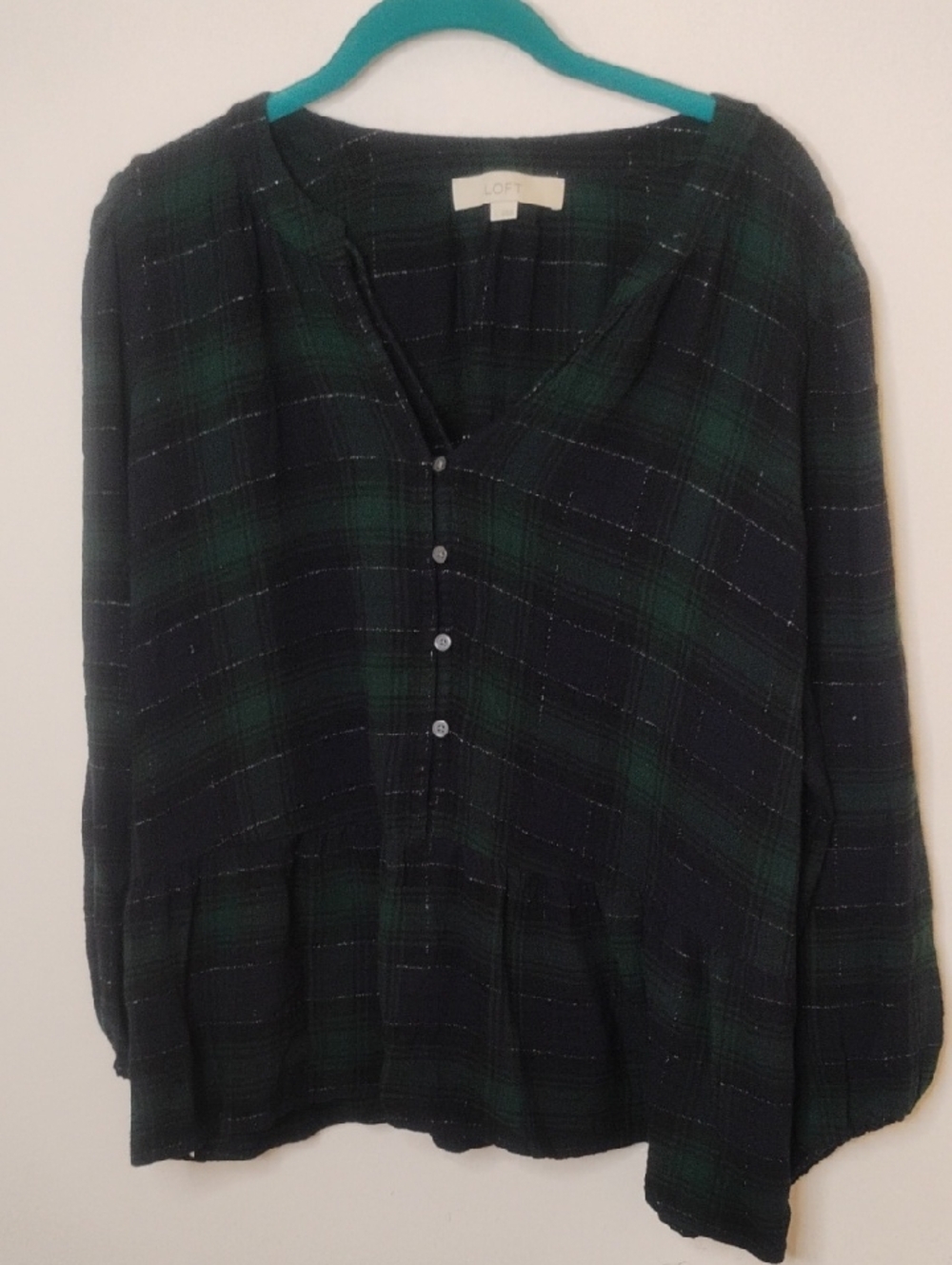 LOFT Navy & Green Plaid V-Neck Button Peplum Blouse